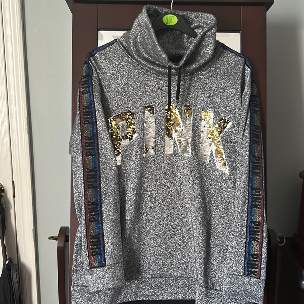 VS PINK Sequin Bling Campus Cowl Neck Sweatshirt Pullover.